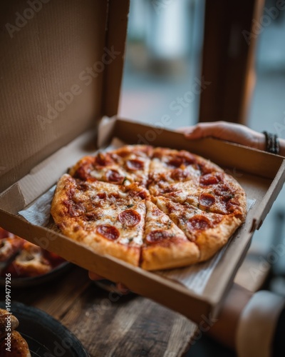 Pepperoni Pizza in Cardboard Box Close Up Food Photography Delicious Meal Takeout Order Delivery Concept