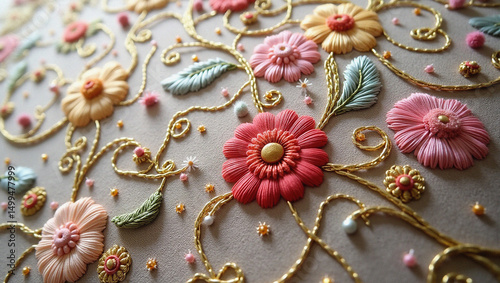 Embroidered Floral Elegance: Delicate threads weave a tapestry of colorful flowers and intricate golden embellishments, creating a vibrant, textural display of craftsmanship and artistic beauty.