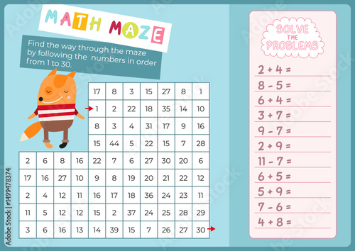Animals math activities for kids. Cute Fox Math maze game. Find the way through labyrinth by following the numbers in correct order. Vector illustration. Flash card for Activity Book.