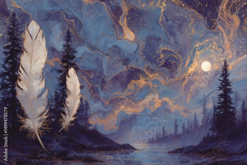 Cosmic dreamscape feathers amidst stars and silhouetted pines