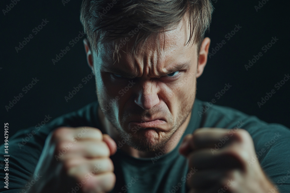Man with tense facial features clenches his fists trying to contain his anger Man with tense facial features clenches his fists trying to contain his anger