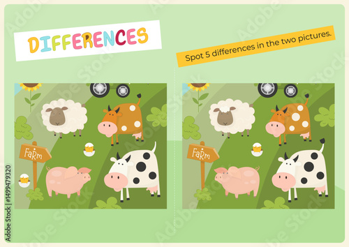 Farm Animals activities for kids. Spot 5 differences in two pictures. Cute Cow, sheep, pig. Vector illustration. Activity flash card. Game to boost attention and focus.