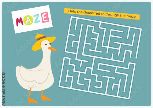 Animals Maze game for children. Help Goose find correct path in maze. Vector illustration. Labyrinth quest for kids. Flash cards format. Page for activity book.