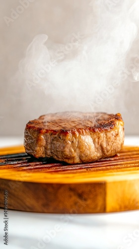 Tender steak perfectly grilled on a cutting board, releasing steam that enhances the appetizing appearance, ideal for BBQ lovers and culinary enthusiasts
