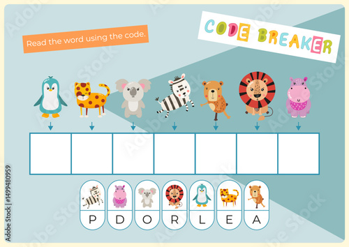 Animals activities for kids. Read the hidden word using the code – penguin. Logic games for children. Vector illustration. Flash card.