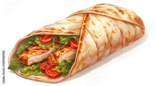 Deliciously illustrated chicken wrap filled with fresh vegetables and savory sauce