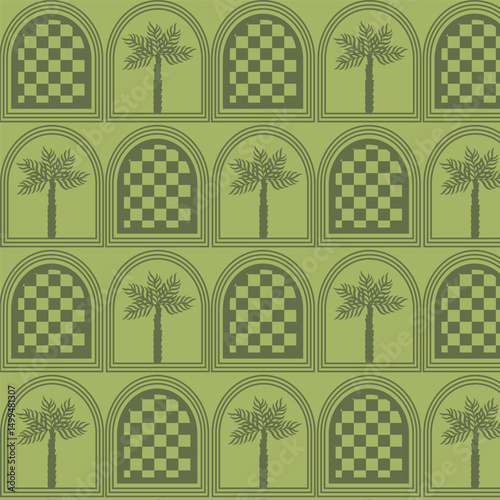 Mobile Summer  seamless pattern tropical  palm tree with in arch modern vector summer  geometric print for wallpaper, textile design , repeat background .