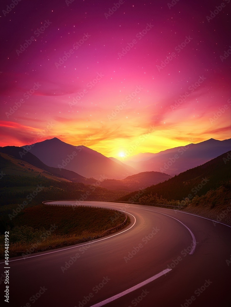 Fototapeta premium A winding road curves through mountains at sunset beneath a vibrant, colorful sky filled with stars.