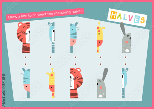 Animals activities for kids. Find the correct halves for animals. Vector illustration. Matching game. Flash card for Activity Book.