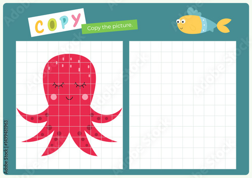 Cute Animals activities for kids. Copy the picture in grid – Octopus. Logic games for children. Coloring page for activity book. Vector illustration. Flash card.
