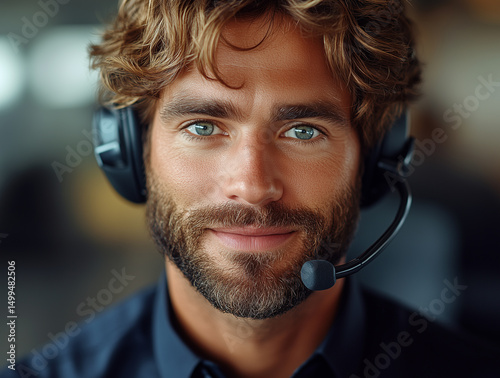 Young white man with beard and headset wearing dark blue shirt, close-up portrait with wavy light brown hair and blue eyes, soft lighting, professional look for call center or marketing use