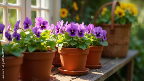 Vibrant and colorful flowers in pots or jars sitting in the greenhouse with a window and sunshine.  Spring and summer bouquets in vases on a countertop. Sunflowers, violets. peonies, daisies.
