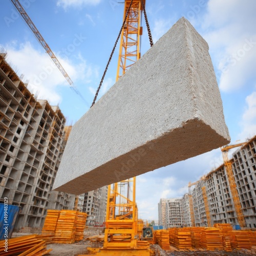 Crane lifting concrete block in construction site low angle view of building development under sunny sky
