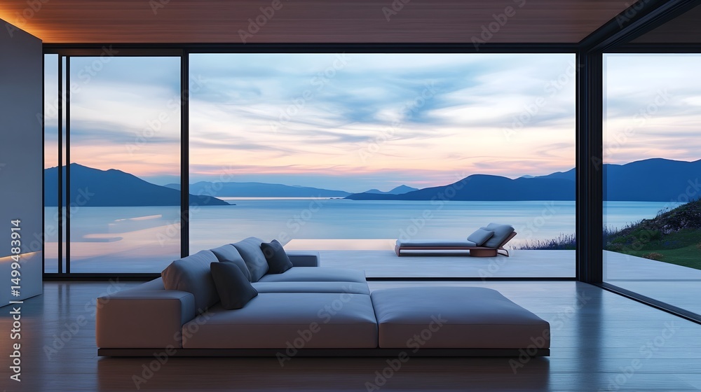 Fototapeta premium Modern luxury villa with stunning ocean view and warm lighting