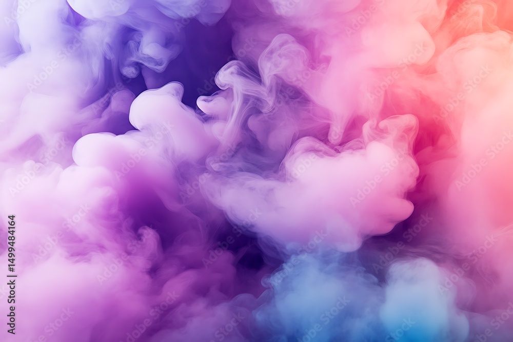 Fototapeta premium Vibrant swirling smoke in shades of pink, purple, and blue creating ethereal, organic shapes against a dark background