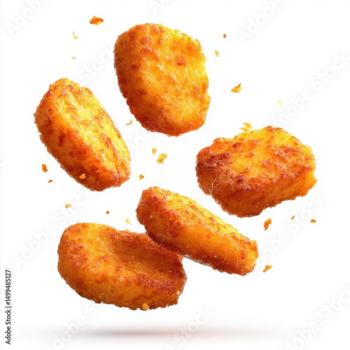 Golden hash browns levitating on white background studio shot close up crispy delicious snack food photography