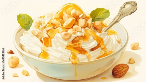 Luscious Honey-Drizzled Dessert with Creamy Texture and Nutty Toppings in a Bowl