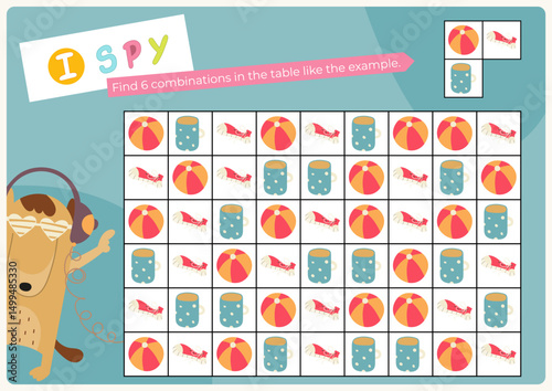 Activities for kids. I spy game. Find the combination with objects in table. Logic games for children. Vector illustration. Game to boost attention and focus. Flash card for activity book.