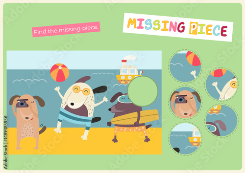 Find the correct  missing piece for picture with dogs. Cute animals activities for kids. Vector illustration. Matching game. Flash card for Activity Book.
