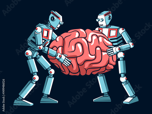 Two Robots Holding Brain - Artificial Intelligence and Machine Learning. Robots carrying human brain together, symbolizing artificial intelligence, machine learning. Concept Vector illustration