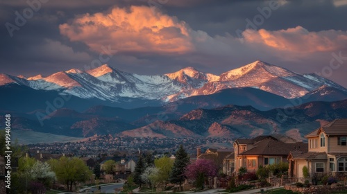 Colorado Mountain Sunset View from Suburban Neighborhood at Dusk Golden Light on Peaks and Clouds