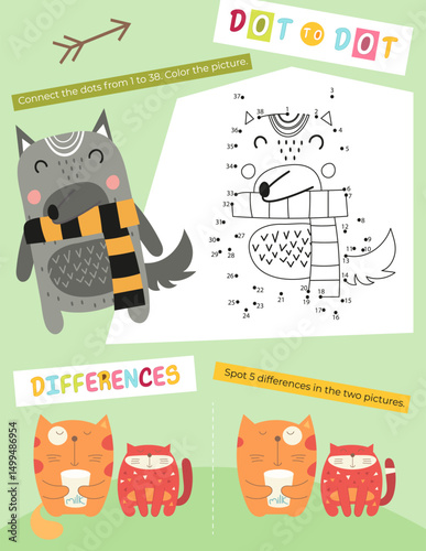 Cute Animals Activity Pages for Kids. Printable Activity Sheet with Forest Animals Mini Games – Dot to dot, Spot 5 differences. Vector illustration.