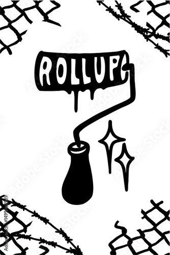 Illustration of a paint roller with bold “ROLL UP” text on the roller part, set on white background. Ideal for creative, DIY, home improvement, and urban art projects.