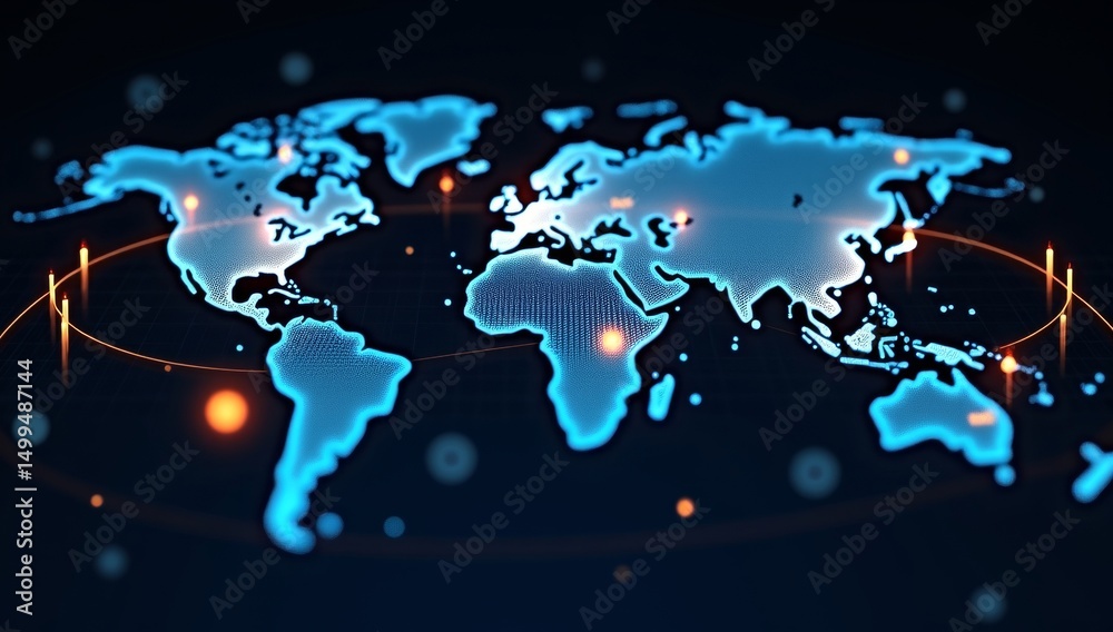 Fototapeta premium Stylized world map overlaid with glowing orange financial data