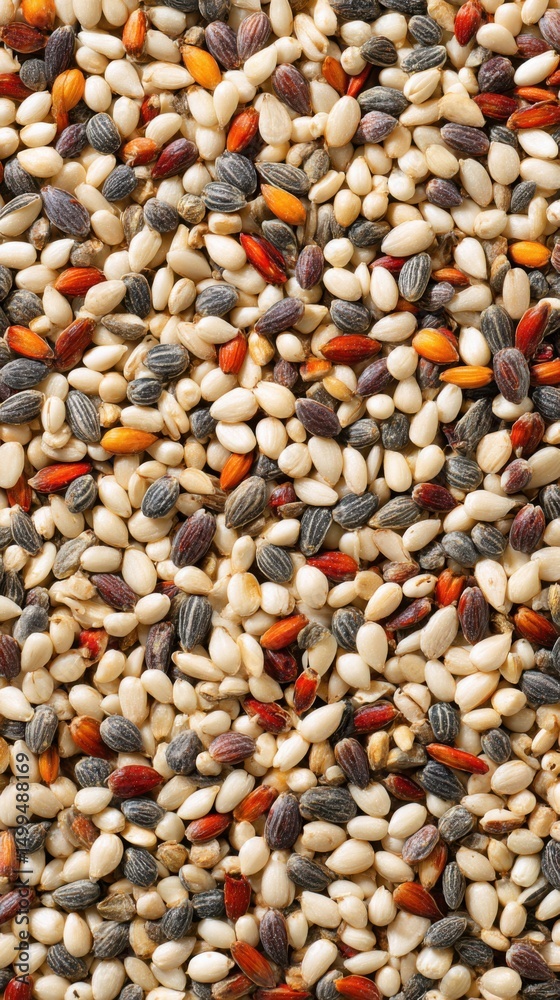 Close-up of Mixed Birdseed Varieties Background Pattern Overhead Shot Studio Lighting for Pet Food or Wild Bird Feeding