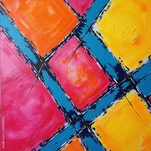 Wallpaper Mural Abstract Colorful Painting: Vibrant, dynamic artwork featuring intersecting squares in bold hues of orange, pink, and yellow, accented by teal lines, creating an energetic and modern aesthetic.  Torontodigital.ca