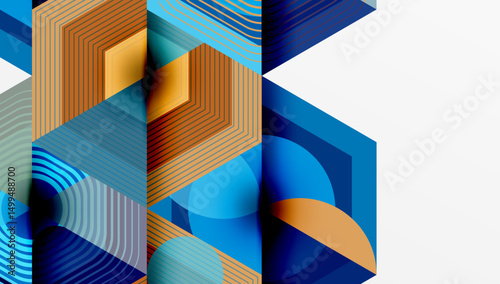 Abstract geometric design. Hexagons, lines, circles create modern visual texture. Blue, orange hues dominate composition.