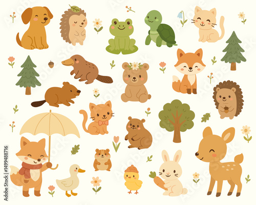 Collection of cute happy little funny forest animal. Set of cute baby animal isolated on white background. Flat vector illustration. Deer fox frog bear chick cat rabbit and hedgehog.