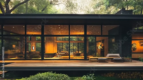 Modern house surrounded by lush greenery, showcasing a serene outdoor living space
