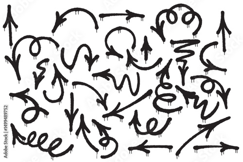 Black spray paint arrow collection with drip effect and diverse hand-drawn directions on white background. Ideal for infographics, presentations, and authentic grunge-style designs.