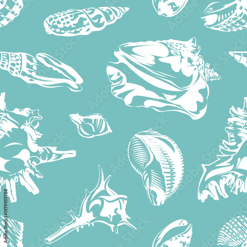 Seamless pattern with seashells isolated on a blue background. Decor style. 
