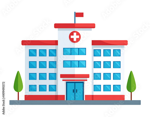 A stylized illustration of a hospital building with a red roof, white walls, and blue doors