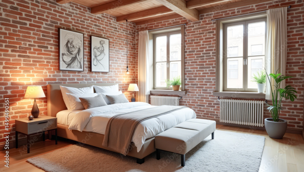 Fototapeta premium loft-style bedroom with brick walls