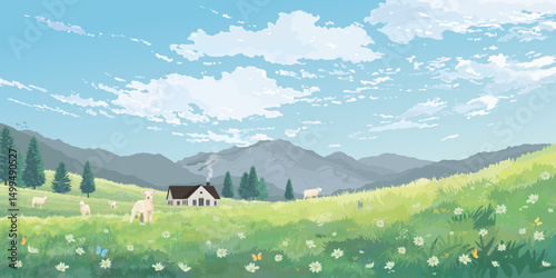 Agriculture landscape grass field hill with sheepes pack and country house have mountain ranges far away and blue sky background graphic illustration.