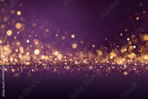 Golden bokeh lights shimmering on a dark purple background abstract festive design horizontal close up studio shot