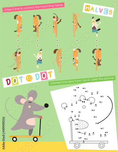 Cute Animals Activity Pages for Kids. Printable Activity Sheet with Domestic Animals Mini Games – Dot to dot, connect halves. Vector illustration.
