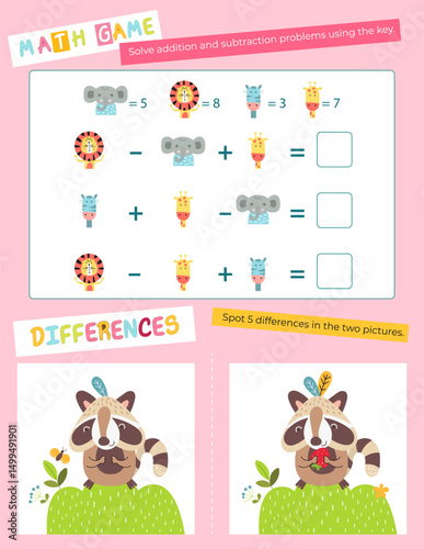 Cute Animals Activity Pages for Kids. Printable Activity Sheet with Woodland Animals Mini Games – Find 5 differences, Solve problems. Vector illustration.