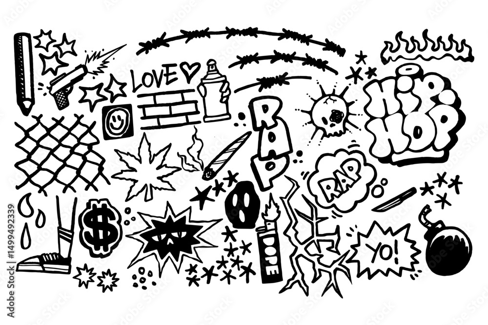Obraz premium Graffiti hip hop set with bold lettering, spray paint effects, urban street art elements, and iconic hip hop symbols on white background. Perfect for music, culture, and street style projects.
