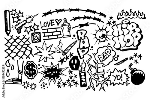 Graffiti hip hop set with bold lettering, spray paint effects, urban street art elements, and iconic hip hop symbols on white background. Perfect for music, culture, and street style projects.