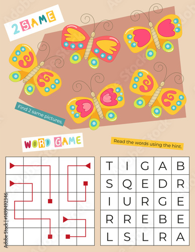 Activity Pages for Kids. Printable Activity Sheet with Mini Games – Find same pictures, Read the words. Vector illustration.