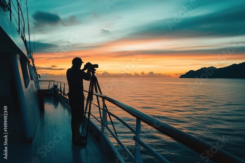 Fototapeta Naklejka Na Ścianę i Meble -  Silhouette of photographer capturing sunrise at sea