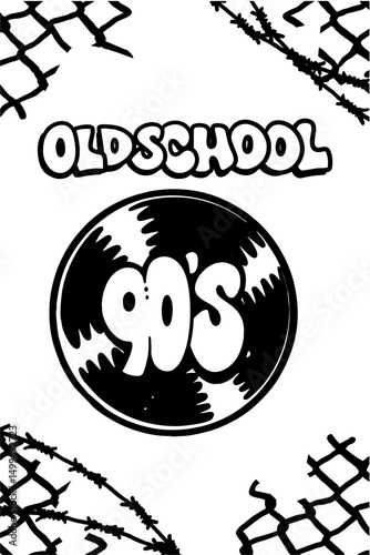 Bold “OLD SCHOOL THROW UP” graffiti-style lettering above a black vinyl record with “90’s” text in the center on white background. Perfect for retro, hip hop, and street art themes.