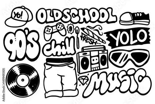 Oldschool hip hop graffiti set featuring bold throw-up styles, vintage tags, vinyl records, and urban street art elements on white background. Perfect for retro, music, and street culture projects.