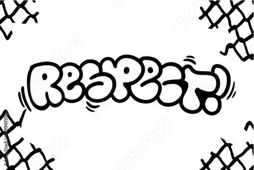 Hand-drawn graffiti throw-up lettering of the word “Respect” in bold black on white background. Perfect for urban art, street culture, hip hop visuals, and creative design projects.