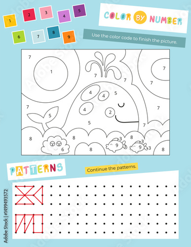 Cute Animals Activity Pages for Kids book. Printable Activity Sheet with Animals Mini Games – color by number, continue patterns. Vector illustration.