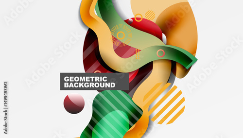 Abstract design features overlapping colorful shapes. Gradient hues create dynamic visual texture. Modern geometric background elements present.